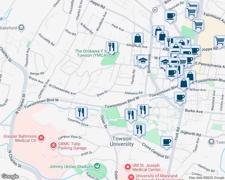 map of restaurants, bars, coffee shops, grocery stores, and more near 401 Dixie Drive in Towson