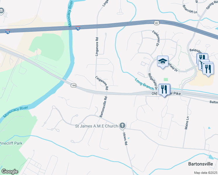 map of restaurants, bars, coffee shops, grocery stores, and more near 8801 Jug Bridge Place in Frederick