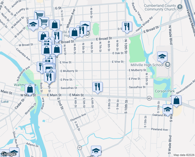 map of restaurants, bars, coffee shops, grocery stores, and more near 201 North 7th Street in Millville