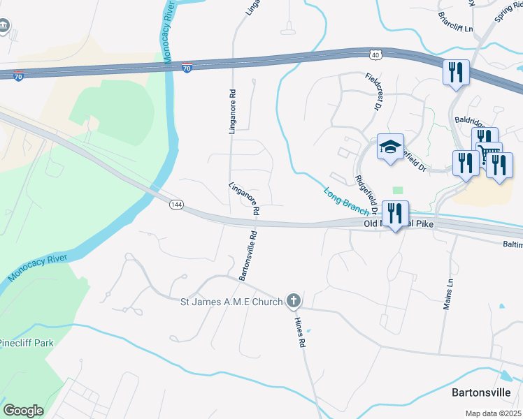 map of restaurants, bars, coffee shops, grocery stores, and more near 8801 Jug Bridge Place in Frederick