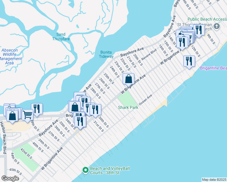 map of restaurants, bars, coffee shops, grocery stores, and more near 209 26th Street South in Brigantine
