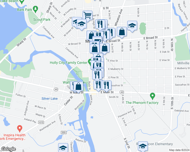 map of restaurants, bars, coffee shops, grocery stores, and more near 22-24 East Pine Street in Millville