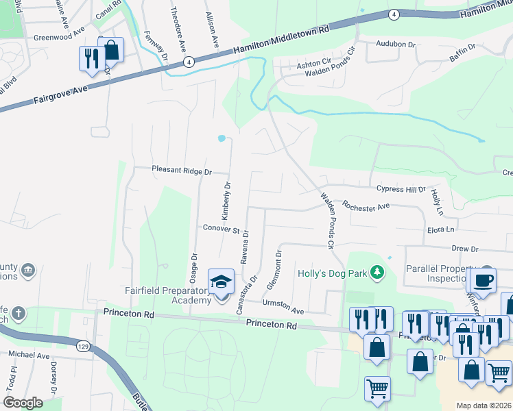map of restaurants, bars, coffee shops, grocery stores, and more near 6364 Ravena Drive in Hamilton