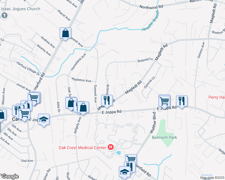 map of restaurants, bars, coffee shops, grocery stores, and more near 12 Brightoak Court in Parkville