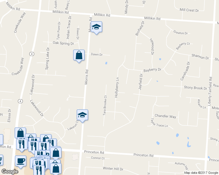map of restaurants, bars, coffee shops, grocery stores, and more near 6334 Tara Brooke Court in Hamilton