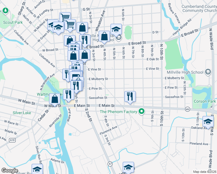 map of restaurants, bars, coffee shops, grocery stores, and more near 330 East Pine Street in Millville