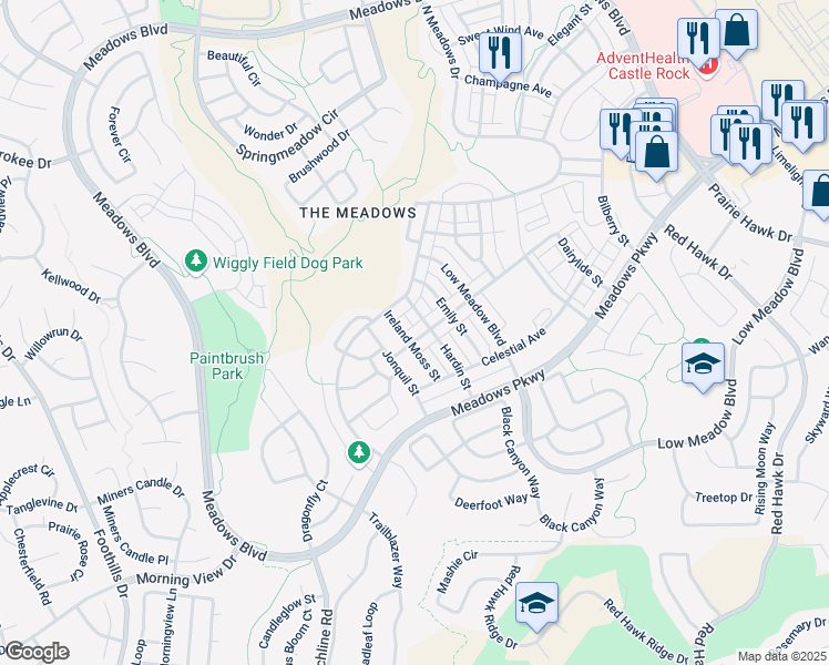 map of restaurants, bars, coffee shops, grocery stores, and more near 3063 Distant Rock Avenue in Castle Rock