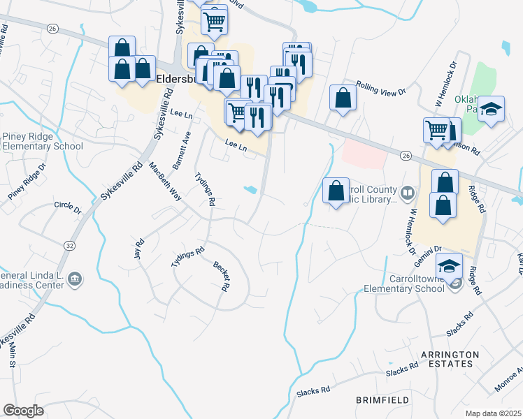 map of restaurants, bars, coffee shops, grocery stores, and more near 6351 Georgetown Boulevard in Sykesville