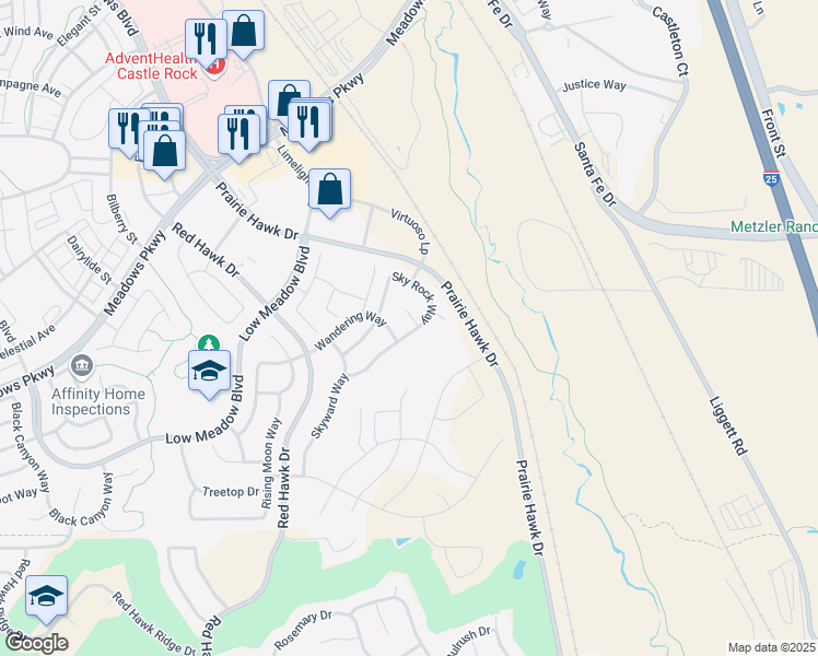 map of restaurants, bars, coffee shops, grocery stores, and more near 3385 Riding Hood Court in Castle Rock