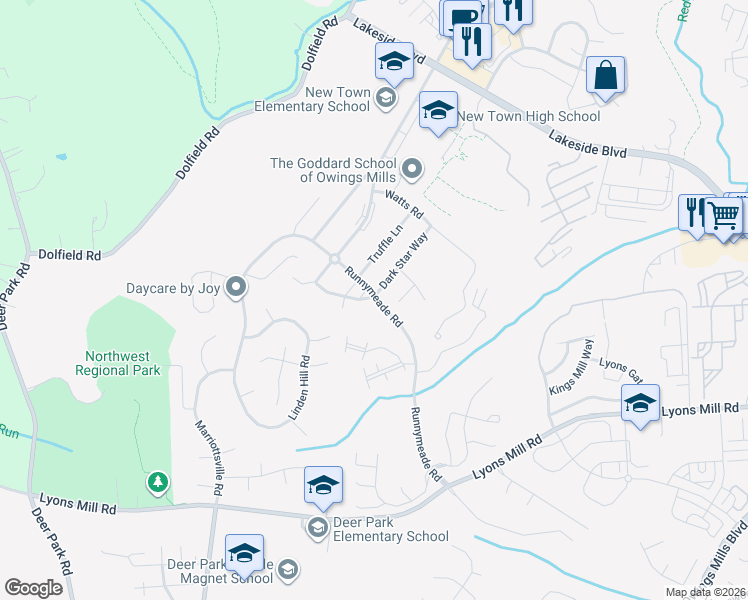 map of restaurants, bars, coffee shops, grocery stores, and more near 9701 Bon Haven Lane in Owings Mills