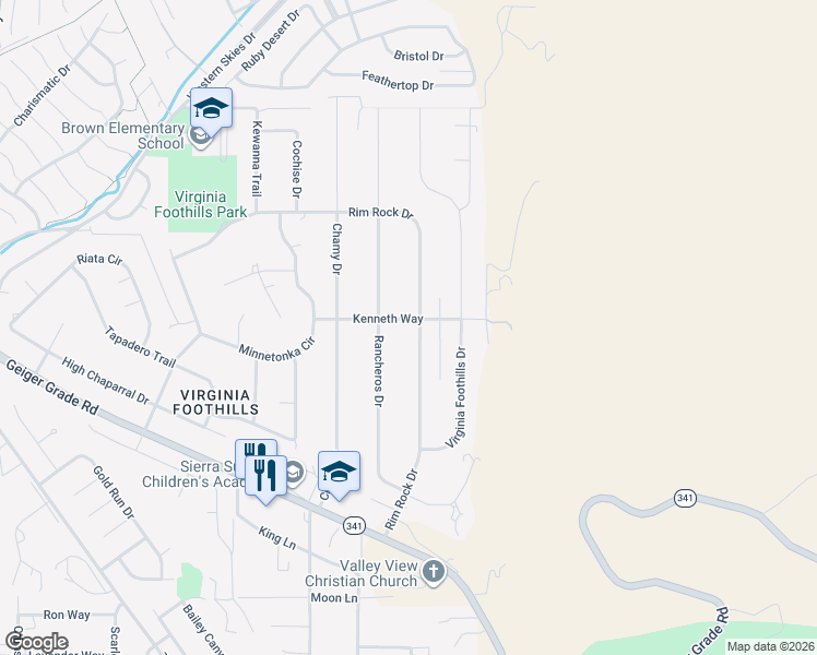 map of restaurants, bars, coffee shops, grocery stores, and more near 14445 Rim Rock Drive in Reno