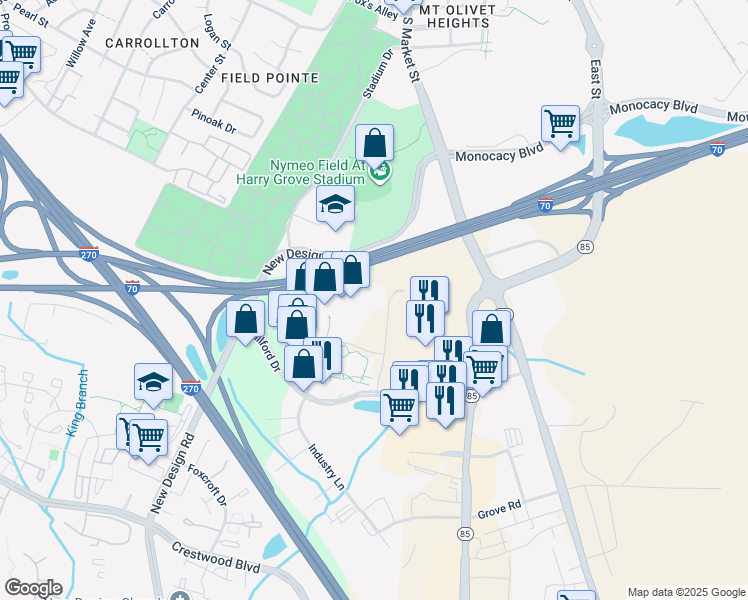 map of restaurants, bars, coffee shops, grocery stores, and more near 7350 Guilford Drive in Frederick