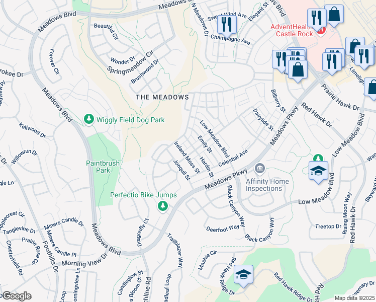 map of restaurants, bars, coffee shops, grocery stores, and more near 3063 Distant Rock Avenue in Castle Rock