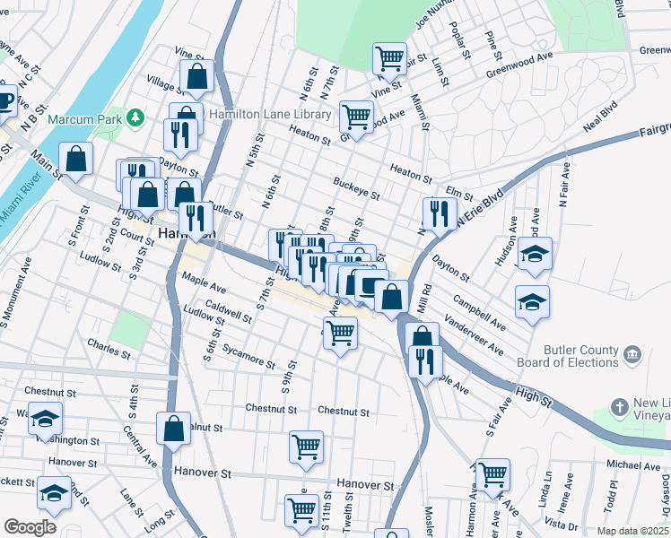 map of restaurants, bars, coffee shops, grocery stores, and more near 25 North 9th Street in Hamilton