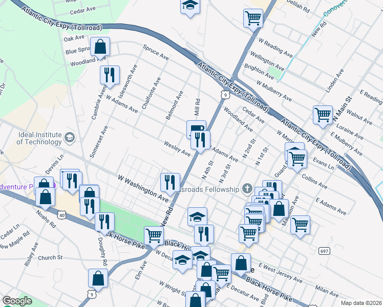 map of restaurants, bars, coffee shops, grocery stores, and more near 127 North New Road in Pleasantville