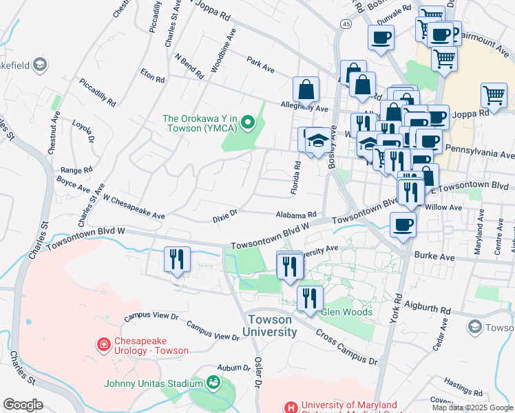 map of restaurants, bars, coffee shops, grocery stores, and more near 400 Alabama Road in Towson