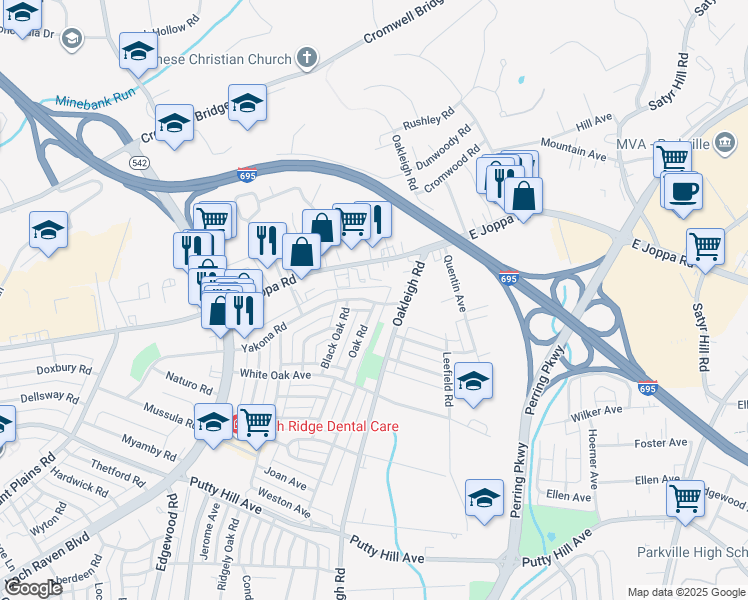 map of restaurants, bars, coffee shops, grocery stores, and more near 1860 Yakona Road in Parkville