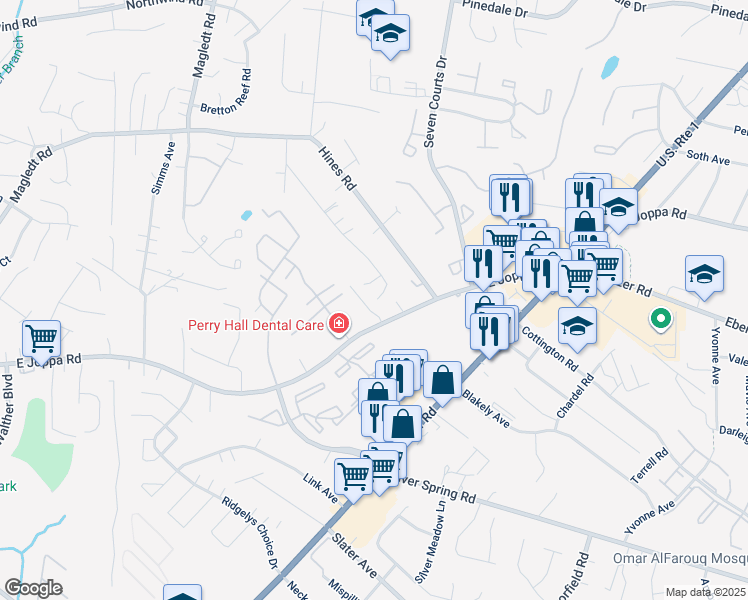 map of restaurants, bars, coffee shops, grocery stores, and more near 9006 Naygall Road in Parkville