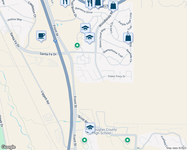 map of restaurants, bars, coffee shops, grocery stores, and more near 3429 Belltop Court in Castle Rock