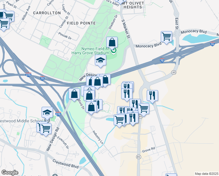 map of restaurants, bars, coffee shops, grocery stores, and more near 7350 Guilford Drive in Frederick