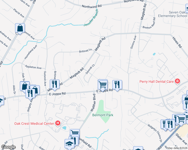 map of restaurants, bars, coffee shops, grocery stores, and more near 9739 Red Clover Court in Parkville