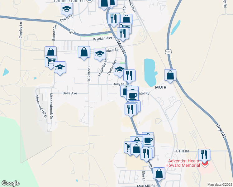 map of restaurants, bars, coffee shops, grocery stores, and more near 21457 Furlong Road in Willits