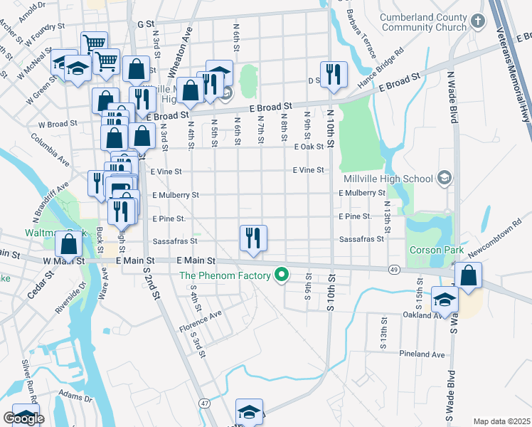 map of restaurants, bars, coffee shops, grocery stores, and more near 201 North 7th Street in Millville