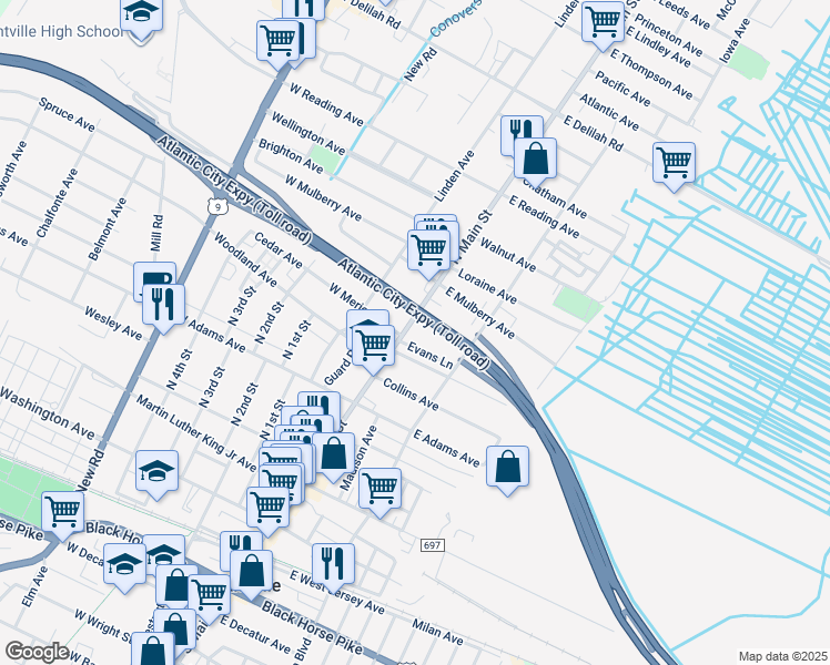 map of restaurants, bars, coffee shops, grocery stores, and more near 418 North Main Street in Pleasantville