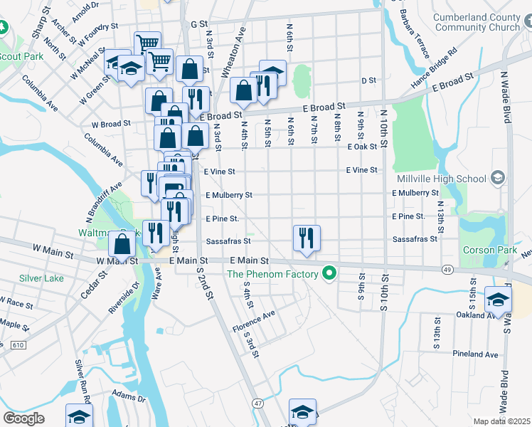 map of restaurants, bars, coffee shops, grocery stores, and more near 430 E Pine St in Millville
