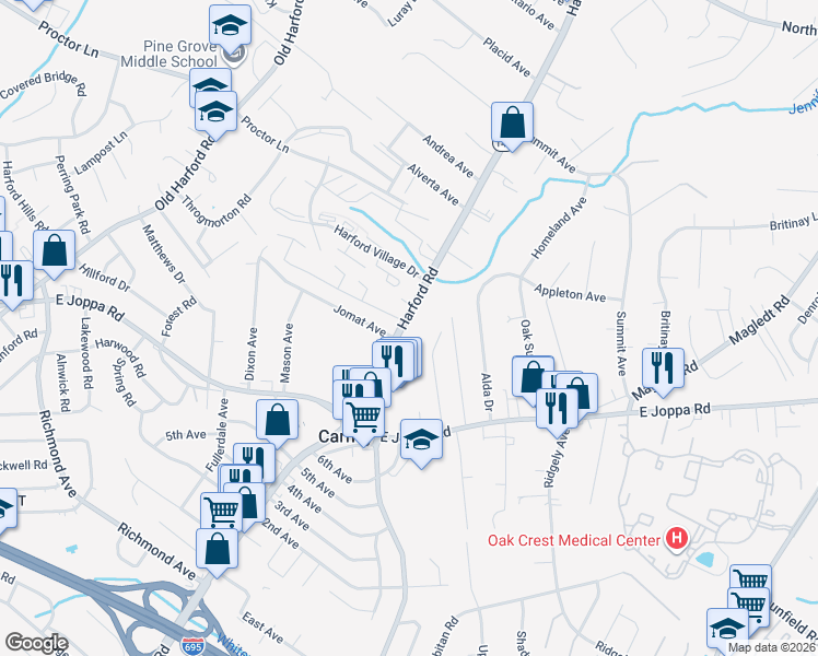 map of restaurants, bars, coffee shops, grocery stores, and more near 9705 Harford Road in Parkville