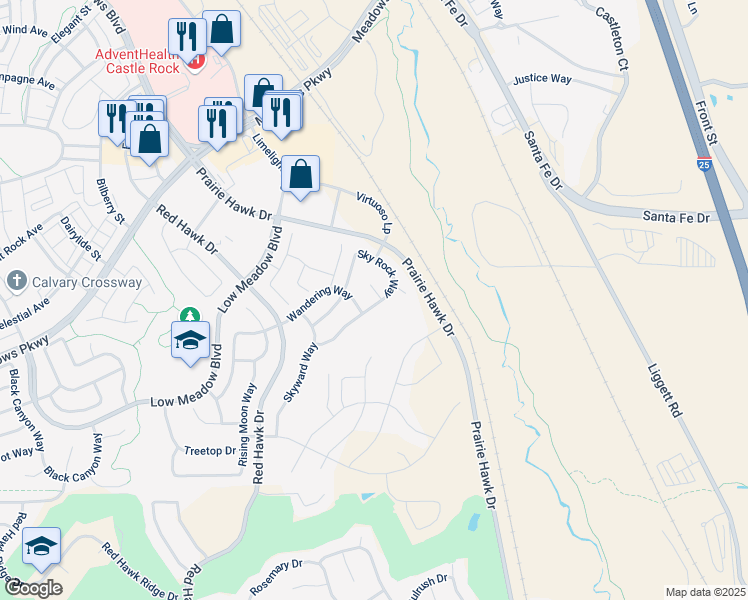 map of restaurants, bars, coffee shops, grocery stores, and more near 3385 Riding Hood Court in Castle Rock