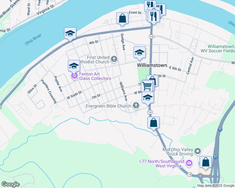map of restaurants, bars, coffee shops, grocery stores, and more near 707 Columbia Ave in Williamstown