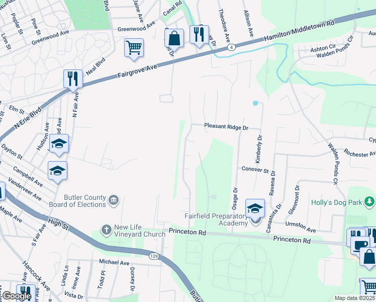 map of restaurants, bars, coffee shops, grocery stores, and more near 2708 Zoellners Ridge in Hamilton