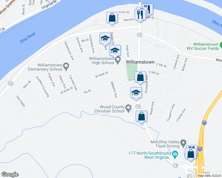 map of restaurants, bars, coffee shops, grocery stores, and more near 707 Columbia Avenue in Williamstown