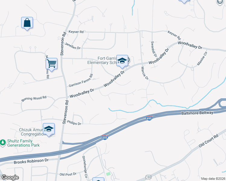 map of restaurants, bars, coffee shops, grocery stores, and more near 3403 Woodvalley Drive in Pikesville