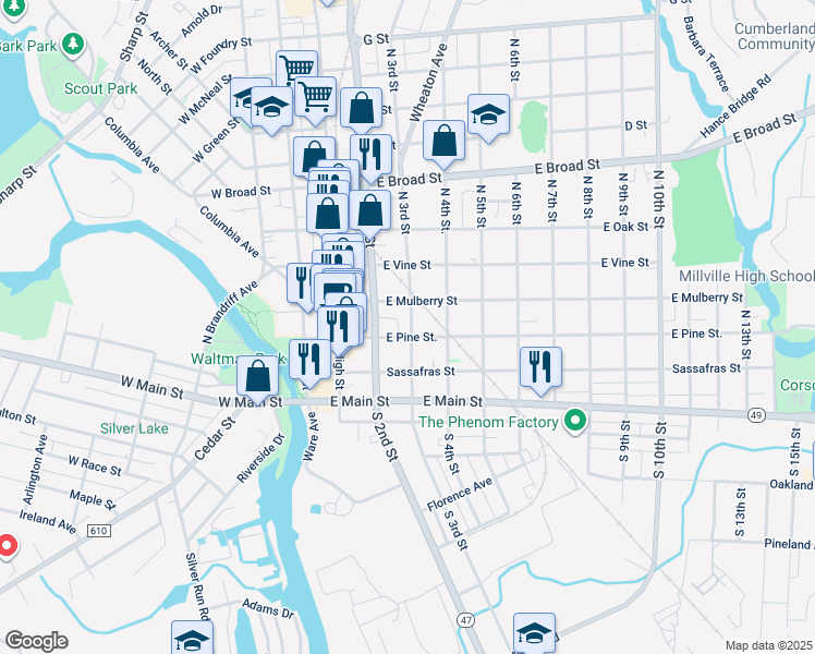 map of restaurants, bars, coffee shops, grocery stores, and more near 2nd Street in Millville