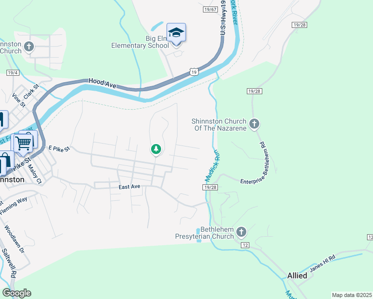 map of restaurants, bars, coffee shops, grocery stores, and more near 1239 Norma Ln in Shinnston