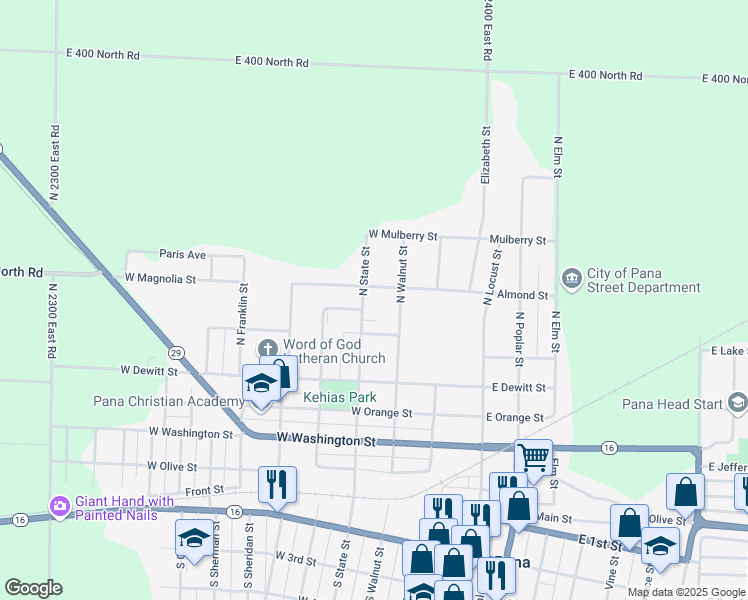 map of restaurants, bars, coffee shops, grocery stores, and more near 512 North State Street in Pana