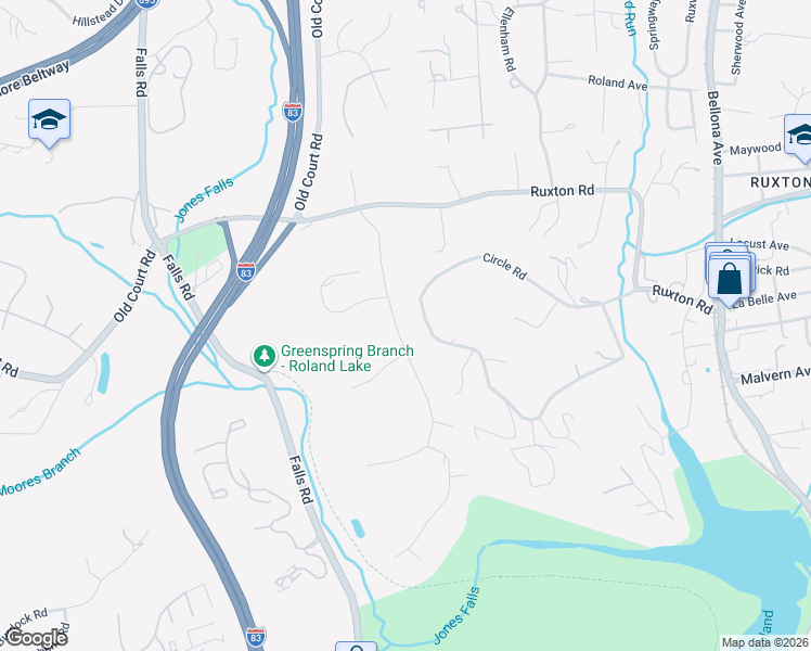 map of restaurants, bars, coffee shops, grocery stores, and more near 6521 Darnall Road in Towson