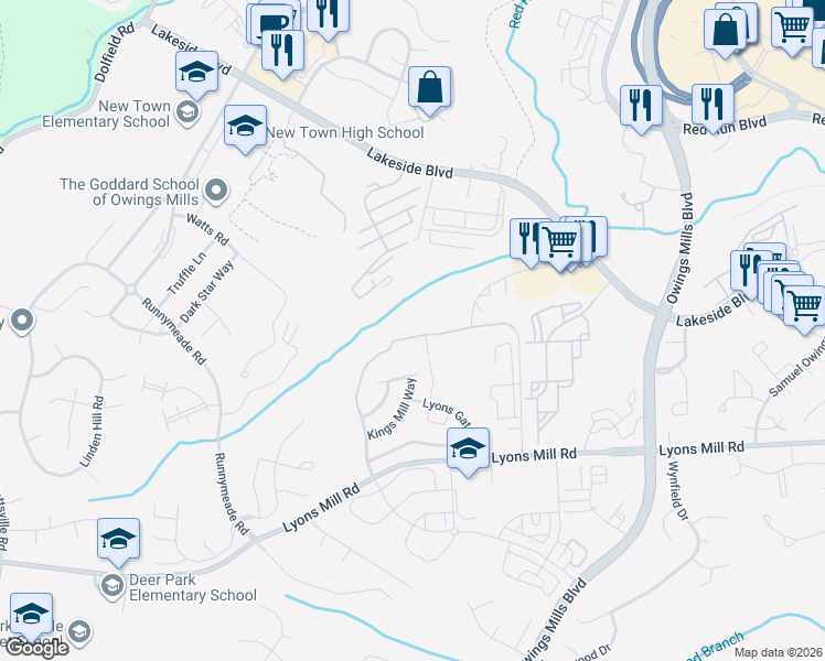 map of restaurants, bars, coffee shops, grocery stores, and more near 9510 Coyle Road in Owings Mills