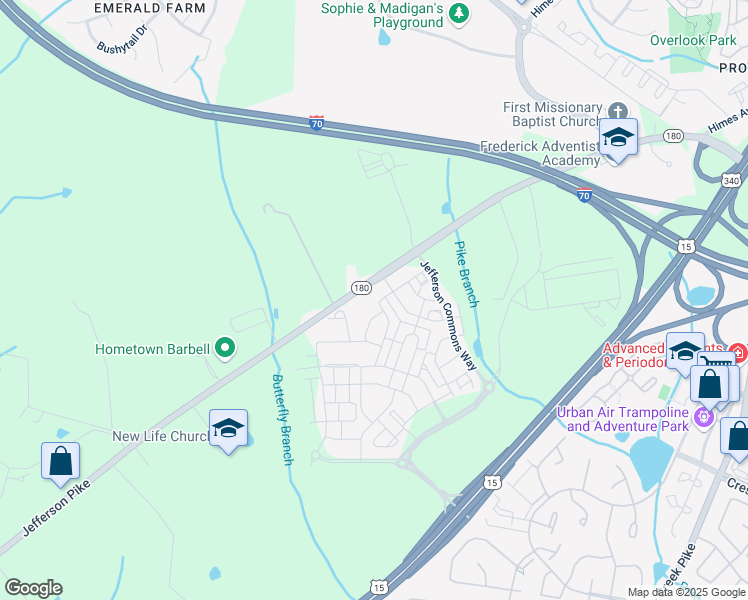 map of restaurants, bars, coffee shops, grocery stores, and more near 6000 Krantz Drive in Frederick