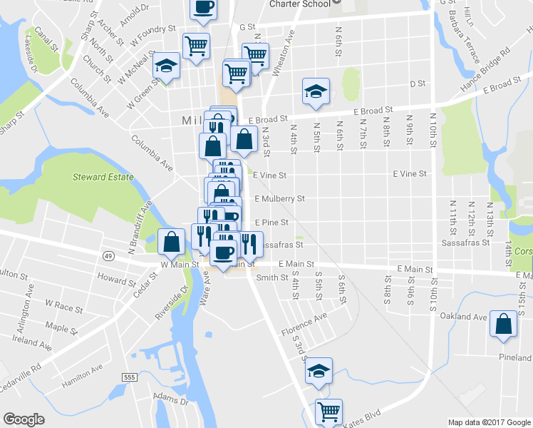 map of restaurants, bars, coffee shops, grocery stores, and more near 208 North 3rd Street in Millville
