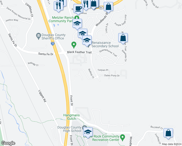 map of restaurants, bars, coffee shops, grocery stores, and more near 3415 Belltop Court in Castle Rock