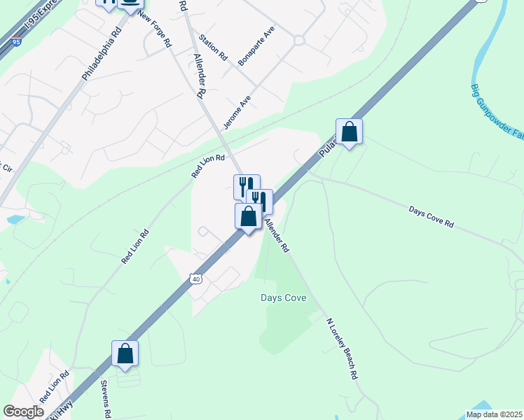 map of restaurants, bars, coffee shops, grocery stores, and more near Pulaski Hwy & Allender Rd in Baltimore