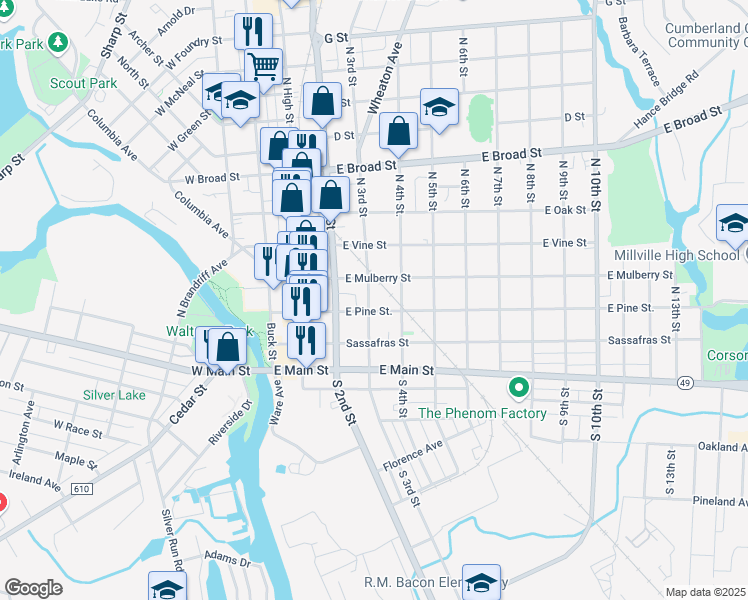 map of restaurants, bars, coffee shops, grocery stores, and more near 208 North 3rd Street in Millville