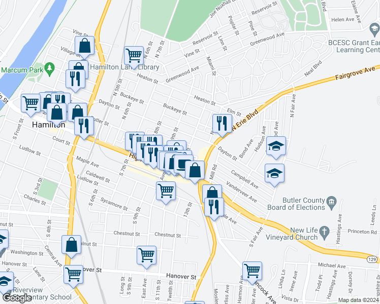 map of restaurants, bars, coffee shops, grocery stores, and more near 1020 Campbell Avenue in Hamilton