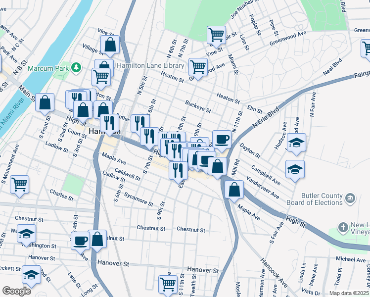 map of restaurants, bars, coffee shops, grocery stores, and more near 25 North 9th Street in Hamilton