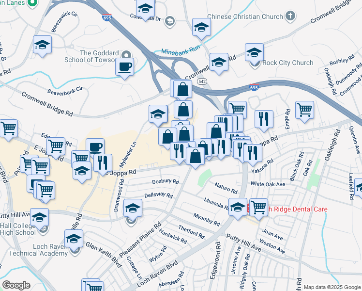 map of restaurants, bars, coffee shops, grocery stores, and more near 8803 Orchard Tree Lane in Towson
