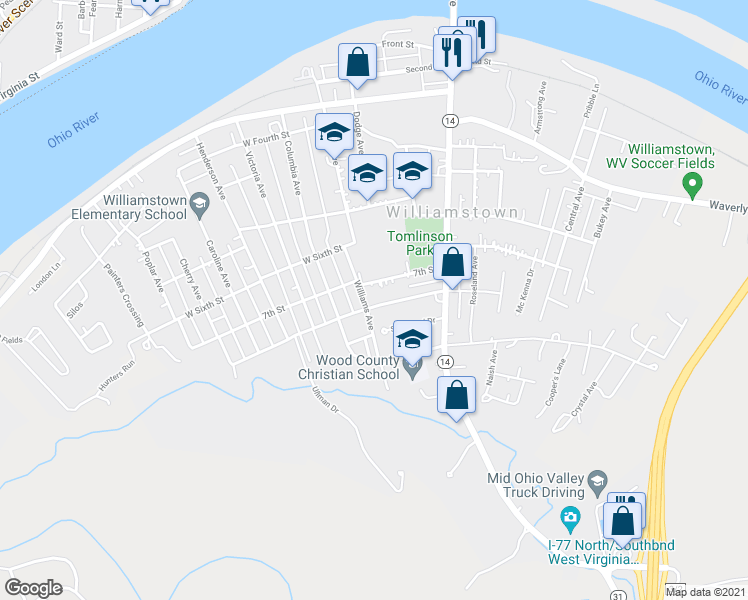 map of restaurants, bars, coffee shops, grocery stores, and more near 130 West 8th Street in Williamstown