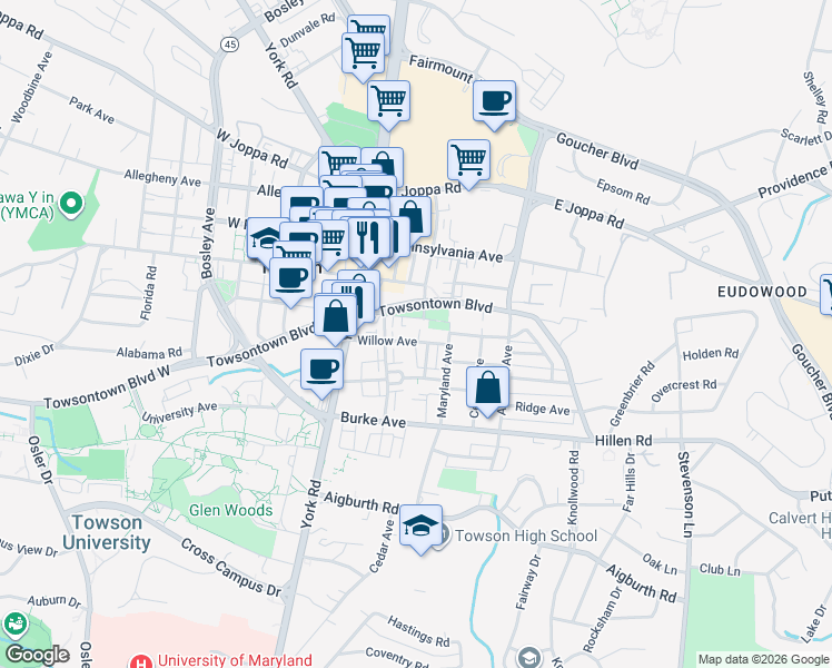map of restaurants, bars, coffee shops, grocery stores, and more near 37 Willow Avenue in Towson